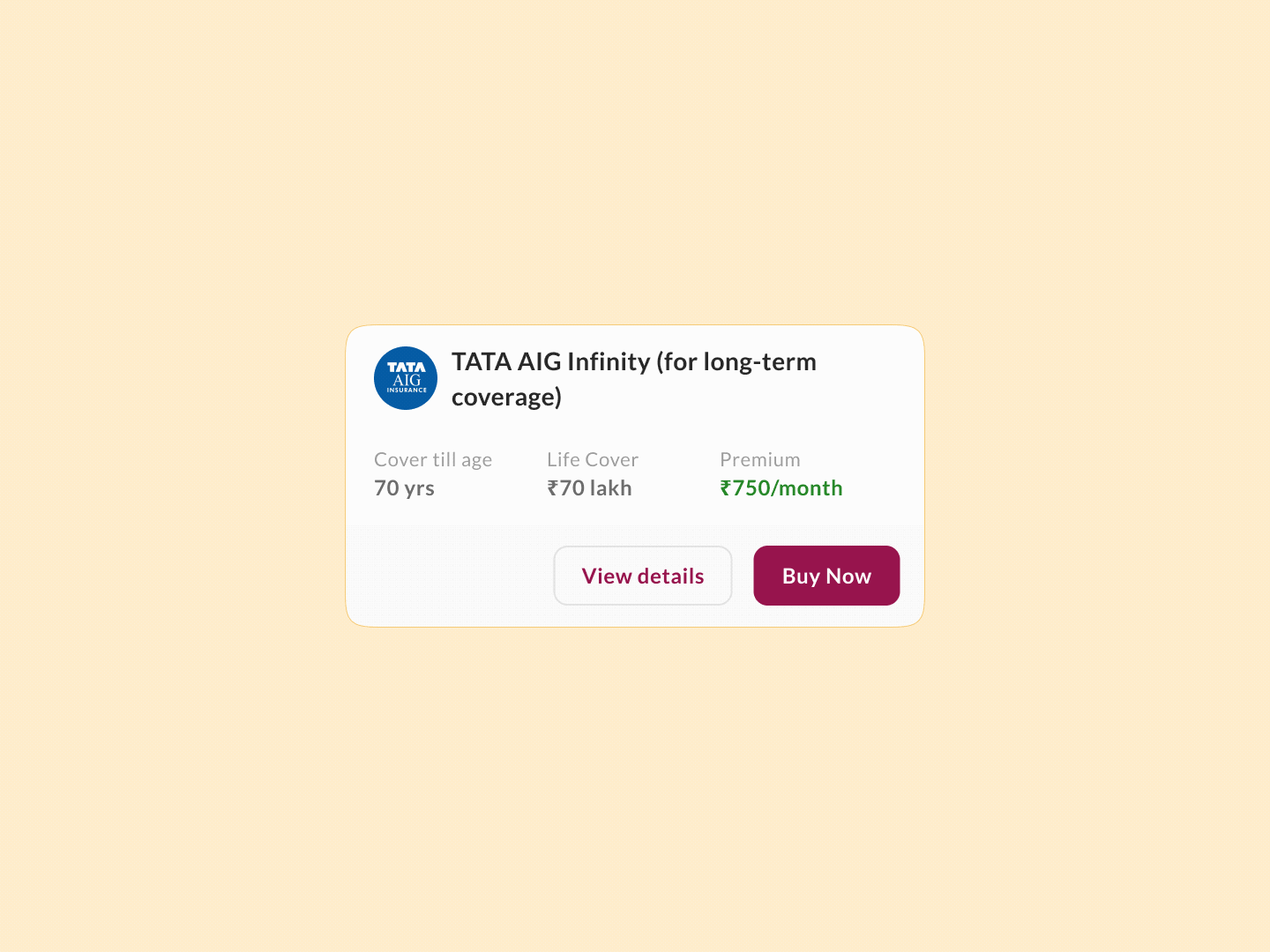 Axis Bank insurance product card with cover, premium, and purchase actions